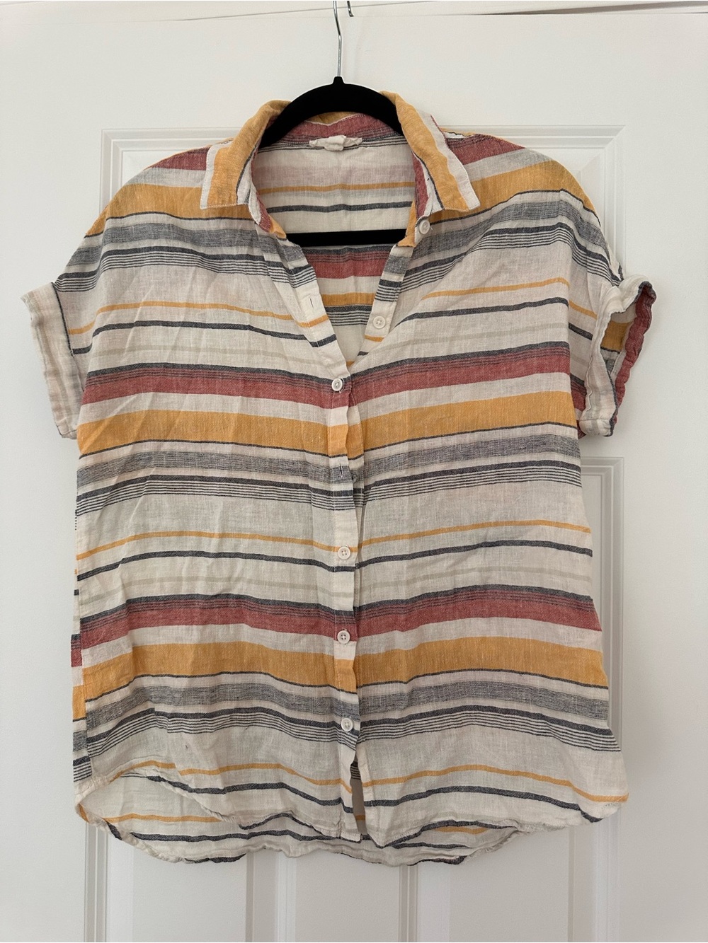beachlunchlounge Striped Button-Down Top in Mustard, Rust & Black
